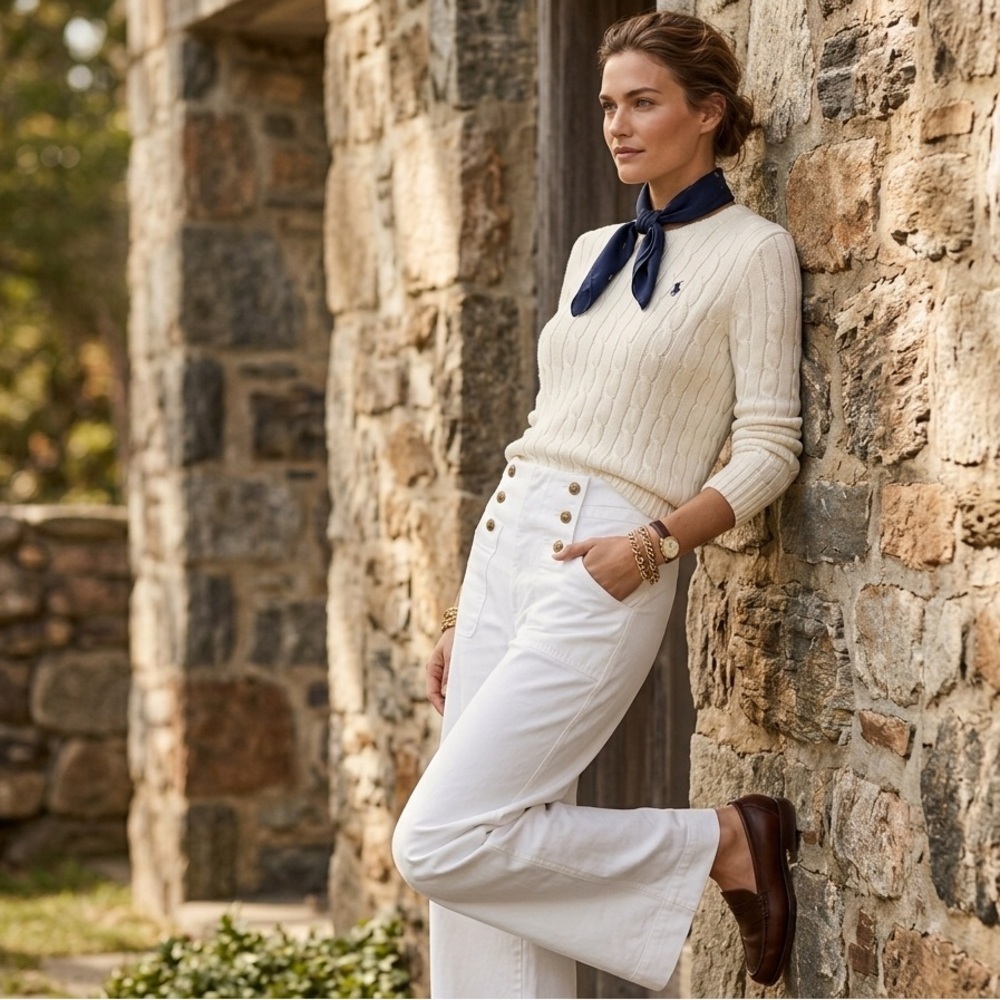 NWT ✨ Ralph Lauren White High-Waist Button Front sailor Wide Leg Pants- size 2